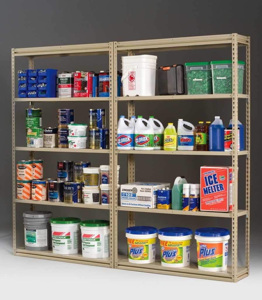 industrial steel shelving that's holding a variety of heavy cleaning products
